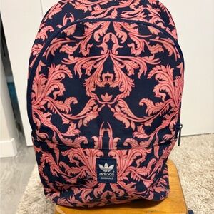 Adidas Originals baroque print backpack in firebird pink and navy, good cond.